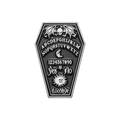 Gothic Ouija board coffin enamel pin with skull and sun moon icons on white background - Black Silver Coffin Style (XZ9610)