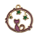 Golden round pendant with purple enamel cat silhouette and three green stars - Hollow Cat (23x23mm)