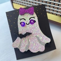 Dettaglio molletta capelli fantasma Halloween con fiocco viola e pipistrello - Fantasma con Fiocco Viola