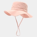 Close-up of pink-orange sun hat featuring windproof strap and adjustable buckle detail - Orange Pink