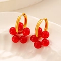 Golden hoop earrings with vibrant red spherical beads in a pastoral ins style design - 18K Gold Plated Red Ball Bead Earrings (6768)