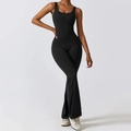 Sleeveless black yoga jumpsuit with flared pants and high waist in matte finish - S / Top And Bottom / Premium Black
