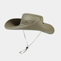 Detail of khaki hiking hat featuring breathable mesh crown and adjustable chin strap - One Size / Matcha Green