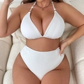 Dettaglio del bikini bianco a coste con spalline di perle e trama a vita alta elegante - 0XL / Bianco