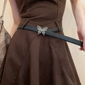 Ceinture rétro en cuir noir avec boucle papillon argentée évidée pour femmes - 77# Boucle papillon en argent cuir noir
