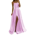 Elegantes hellviolettes Satin-Maxikleid mit Spaghettiträgern und hohem Beinschlitz - L (US 12) / Hellviolett