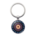 Mandala Flower of Life keychain with blue glass cabochon and metal keyring pendant - Style 6 / Silver