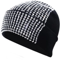 Punk style black knit beanie for winter with vertical rhinestone stripes and warm ear cover - L (58-60cm) Elastic / Black (Vertical Stripe Silver Rhinestones)