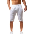Detail of white linen blend fabric on men's casual summer shorts with pockets - S / Bottoms / White