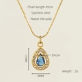 Detail of 18K gold plated stainless steel teardrop pendant with blue zircon center stone - Water Drop Style / Blue