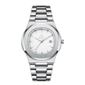 Silver stainless steel quartz watch with white textured dial and calendar display - Silver Case White Dial