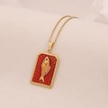Vintage gold stainless steel tarot necklace with a red enamel fish pendant design - Square Red