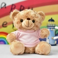 Detailed view of a cute light brown teddy bear plush wearing a soft pink t-shirt. - Pink