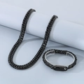 Polished black stainless steel Cuban link chain necklace and bracelet jewelry set for men - 11mm Style B (KB184290-Z) / 21cm / Black