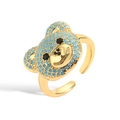 Adjustable golden open ring featuring a cute 3D bear head with blue and black crystals - Gold Lake Blue Zirconia (Bear Head Style)