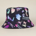 Detailed view of colorful graffiti bucket hat with artistic abstract prints on black fabric - M (56-58cm) / Black with Colorful X (No.7)