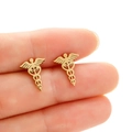 Golden stainless steel medical caduceus stud earrings featuring wings and snakes - Gold