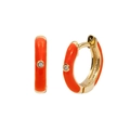 Detail view of gold C-shape hoop earrings with orange enamel inlay and zircon stone - Round Hoop / Orange/Gold