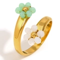 Adjustable 18K gold plated stainless steel ring with mint green and white floral beads - Gold-Green
