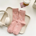 Pink mid-calf cotton socks with white bow jacquard pattern and ribbed elastic cuffs - One Size / Pink (HT39)