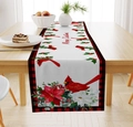 Linen Christmas table runner with red cardinal bird, poinsettia, and red plaid borders - Cardinal Bird/Poinsettia/Red Black Grid/Merry Christmas / 33*183cm