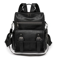 Sac à dos femme en cuir noir vintage avec poches fonctionnelles et fermetures argentées - Noir