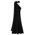 Elegant black satin one-shoulder maxi dress with asymmetrical neckline and floor-length hem - S / Dresses / Black