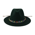 Dark green wool fedora hat with ethnic colorful beads and braided ropes for women - 58cm / Dark Green