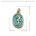 Detail showing dimensions and material of sea horse charm in gold and blue enamel - Light Blue Sea Horse