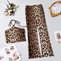Flat lay of leopard print halter crop top and high waist flared pants with decor - S / Brown Leopard