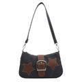 Detail of Y2K denim shoulder bag featuring brown star patches and metal buckle - Blue