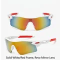 Cycling sunglasses with white frame, red accents, and multi-color mercury lenses - Solid White (Red Mirror)