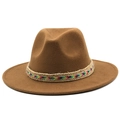 Close-up of wool fedora hat with bohemian rainbow jute band on dark brown felt material - Khaki