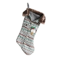 Knitted green and brown herringbone Christmas stocking with gnome and faux fur trim - Green