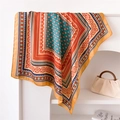 Close-up of geometric floral pattern on a smooth silk-like scarf with elegant drape - 70cmx70cm / Khaki Border(FJ948-2)