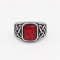 Vintage Viking Celtic knot ring in silver finish with a rectangular red gemstone - Steel Red Stone
