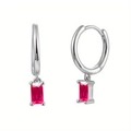 Detail of silver C-shaped earrings featuring a rectangular red gemstone pendant - Rose Red Rectangular Gem Silver (W80042-SS-8)