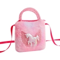 Detail of pink plush unicorn crossbody bag with sequin pegasus and glitter wings - Tie-Dye Red