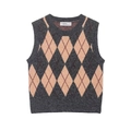 Débardeur en maille rétro à losanges gris foncé et orange avec col rond classique - S / Losange Gris