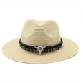 Cappello di paglia a tesa larga con fascia etnica e ornamento a teschio di toro - M (56-58cm) / Beige