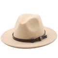 Detail of beige wool fedora featuring a black leather band and antique silver metal buckle - M (56-58cm) / Beige