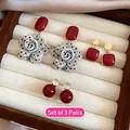 Three-pair earring set featuring burgundy square studs, pearl drops, and floral patterns - Polka Dot Flower Red Glaze Style (3#HE29499)