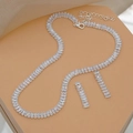 Silver jewelry set featuring rectangular clear zircon necklace and matching earrings - G0032 Silver 2-Piece Set
