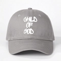 Detailed close-up of CHILD OF GOD embroidery on grey cotton twill baseball cap - One Size / Gray