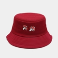 Detail of dark red canvas bucket hat featuring two red and white mushroom embroidery icons - M (56-58cm) / Burgundy