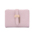 Detail of pink PU leather wallet featuring unique puzzle-shaped metal buckle and zip closure - Pink
