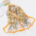 Soft beige chiffon long scarf with yellow lily floral patterns and orange hem - Beige Flower