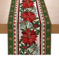 Christmas table runner with red poinsettia and pine cone print on cotton linen - Geometric Red Border Poinsettia