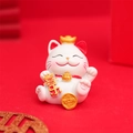 White resin waving fortune cat figurine with gold ingot and festive red background - 8164 Joyful