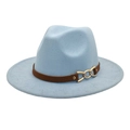 Detail of light blue wool fedora hat featuring a brown leather band and gold chain link - M (56-58cm) / Sky Blue